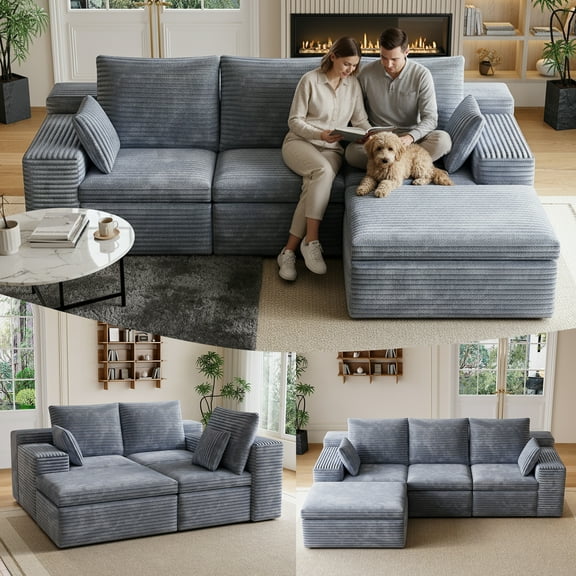 107" Modular Cloud Sectional Sofa Couches, Modern 3 Seat L-Shape Couch with Ottoman and 2 Pillows, Memory Foam Sofa for Living Room Apartment, No Assembly,Gray