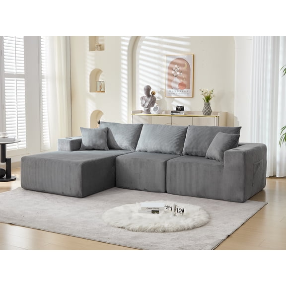 107" Modular Cloud Sectional Sofa, L-Shape Sofa for Living Room, 57" Deep Boneless Couch with 5 Pillows, Cup Holders & Side Pockets, Ultra-Soft Corduroy, No Assembly,Left-Facing Chaise,Dark Grey