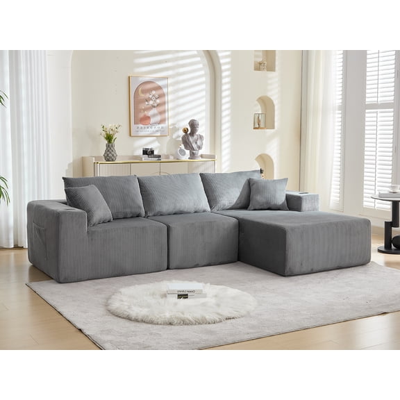 107" Modular Cloud Sectional Sofa, L-Shape Sofa for Living Room, 57" Deep Boneless Couch with 5 Pillows, Cup Holders & Side Pockets, Ultra-Soft Corduroy, No Assembly,Right-Facing Chaise,Dark Grey