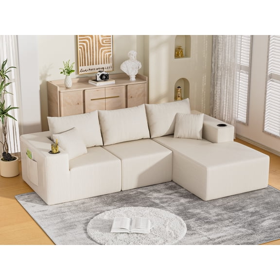 107" Modular Cloud Sectional Sofa, L-Shape Sofa for Living Room, 57" Deep Boneless Couch with 5 Pillows, Cup Holders & Side Pockets, Ultra-Soft Corduroy, No Assembly,Right-Facing Chaise,White