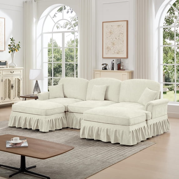 107" Modular Sectional Sofa with 2 Ottoman, Convertible U Shaped Couch Set for Living Room, 4 Seat with Detachable Ruffled Skirt, Flared Arms, Spindle Legs, Traditional sofa for Apartment(White)
