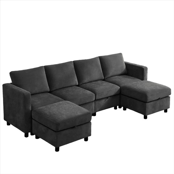 107”Modular Sectional Sofa Convertible U Shaped Sofa Couch Set with Storage for Living Room, Modern 6 Seater Modular Sectional Couch with Movable Ottoman, Chenille Dark Grey