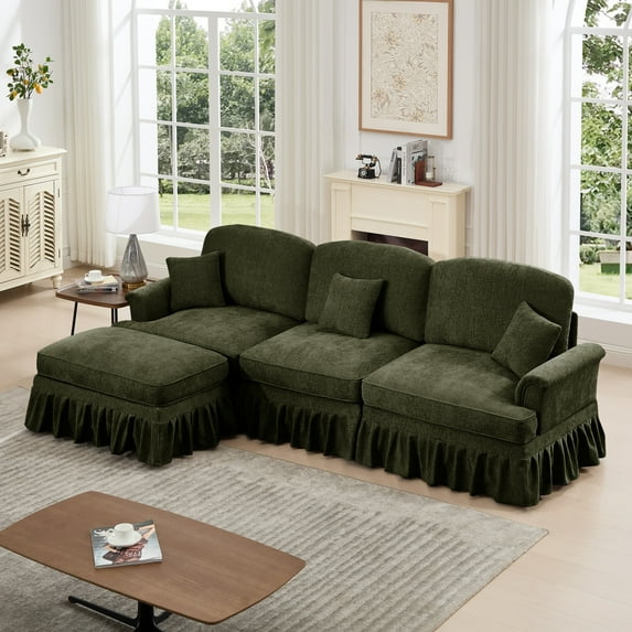 107" Modular Sectional Sofa, L-Shaped Cloud Couch with Removable Ruffles Pleats Skirts and Movable Ottoman, 4 Seater Chenille Sleeper Couch Set, Green