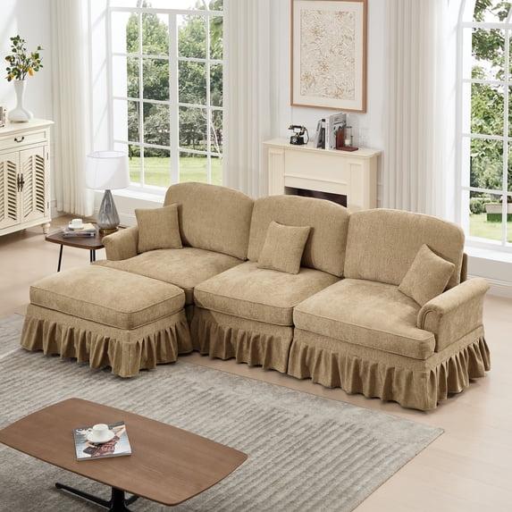 107" Modular Sectional Sofa, L-Shaped Cloud Couch with Removable Ruffles Pleats Skirts and Movable Ottoman, 4 Seater Chenille Sleeper Couch Set, Light Coffee