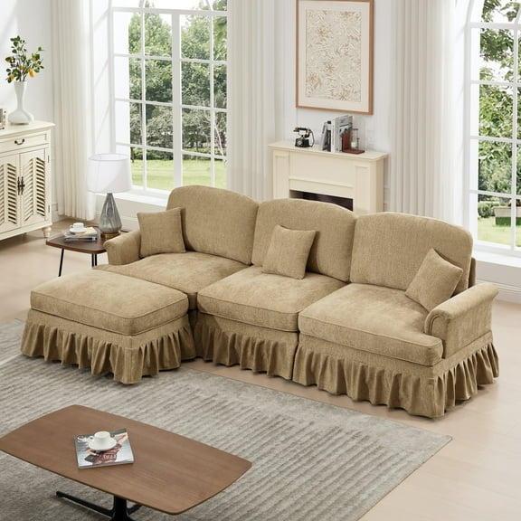 107" Modular Sectional Sofa, L-Shaped Cloud Couch with Removable Ruffles Pleats Skirts and Movable Ottoman, 4 Seater Chenille Sleeper Couch Set, Light Coffee