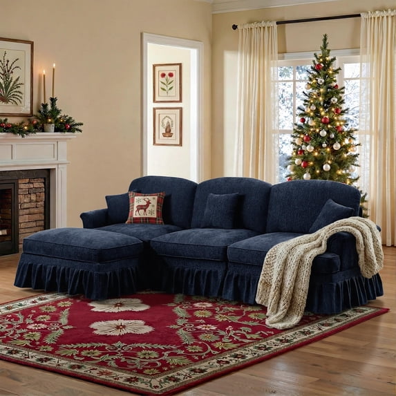 107" Modular Sectional Sofa with Ottoman, Convertible L Shaped Couch Set for Living Room, 4 Seat with Detachable Ruffled Skirt, Flared Arms, Spindle Legs, Traditional sofa for Apartment(Blue)