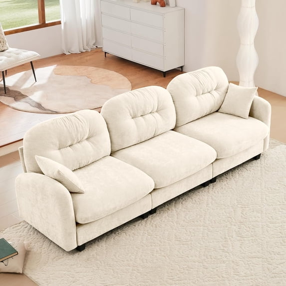 107" Oversized Chenille Modular Sectional Sofa with High-Density Foam Cushion and Tufted Pleated Cushion Backrest, Upholstered Modern 3-Seater Cloud Couch with 2 Pillow, for Living Room, Beige