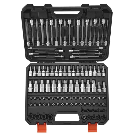 107 Piece Bit Socket Set SAE Metric Hex Torx External Tamper Proof Extra Long S2 Alloy Steel CrV Steel 1/4 3/8 1/2 Drive Enhanced Storage Case Hand Tool