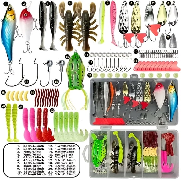 107-Piece Fishing Lure Kit (Includes Tackle Box) — Featuring Hooks, Worm Hooks, Swivels, Lures, Spoons, Soft Baits, Sinkers, and Topwater Lures; Suitable for Both Freshwater and Saltwater Fishing, Ma