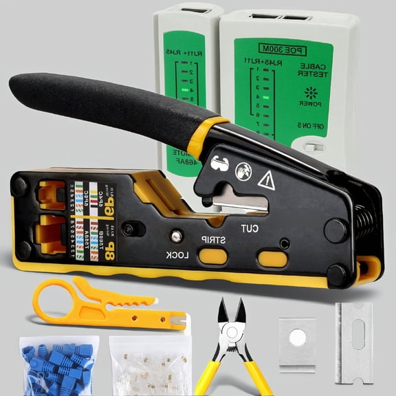 107-Piece RJ45 Pass Through Crimp Tool Kit with Cable Tester, Cat5 Cat5e Cat6 Ethernet Crimper Set