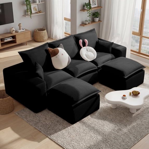 107" U-Shape Modular Sectional Sofa Compressed Foam Cloud Couch with Ottoman, No Assembly Corduroy Oversized Deep Seat Living Room Black