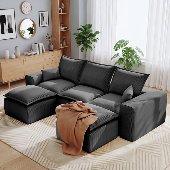 107" U-Shape Modular Sectional Sofa Compressed Foam Cloud Couch with Ottoman, No Assembly Corduroy Oversized Deep Seat Living Room Gray