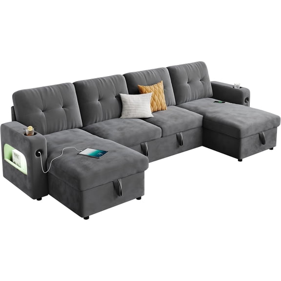 107" U-Shaped Cloud Sleeper Sofa, 4-Seat Modular Sectional with Storage