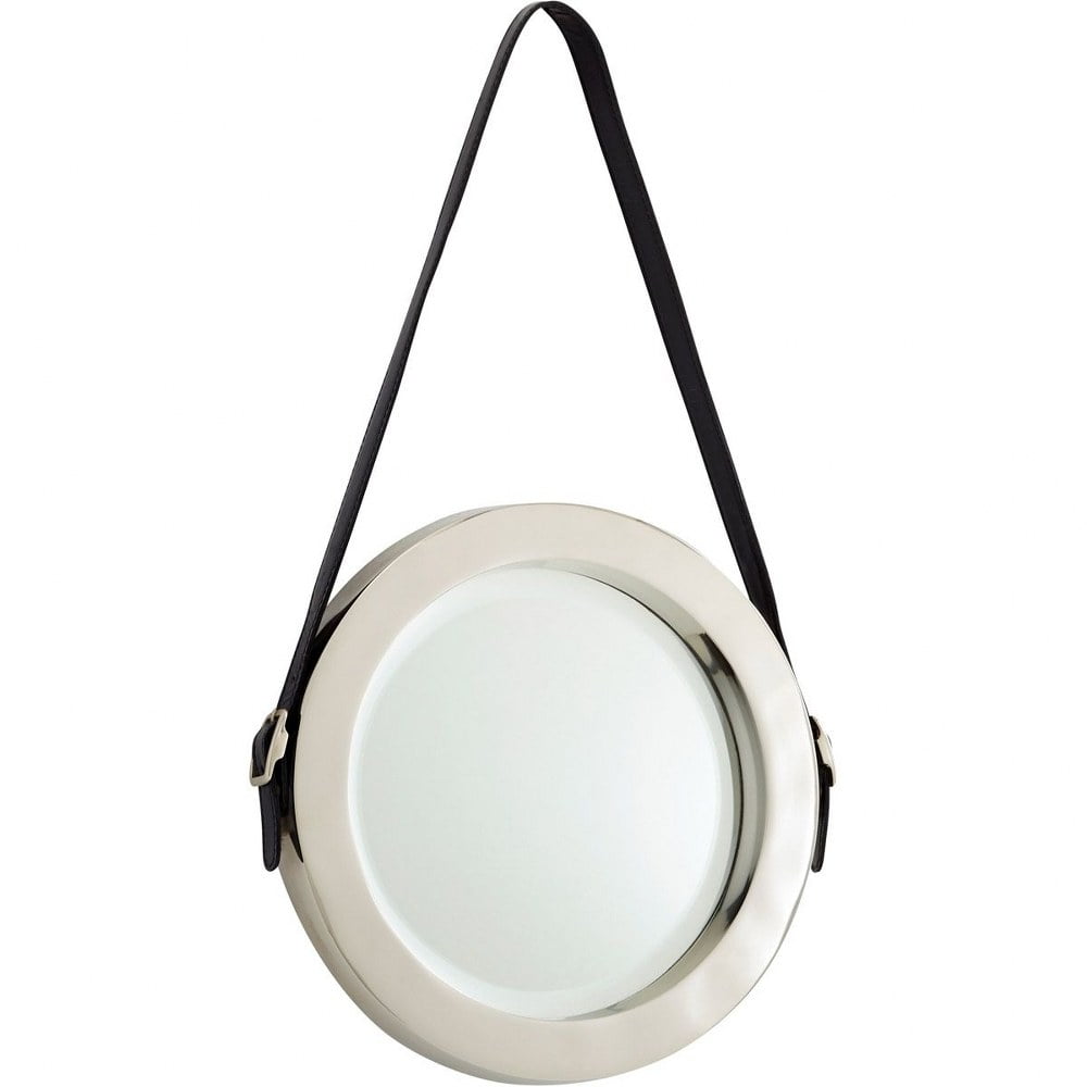 Contemporary Silver Leather-Strap Round Wall Mirror