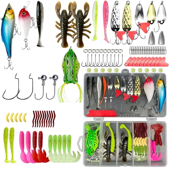 107Pcs Fishing Lures Tackle Kit, Ultimate Lure Set with Crankbaits Poppers Soft Baits and Metal Spoons in Portable Tackle Box for Anglers