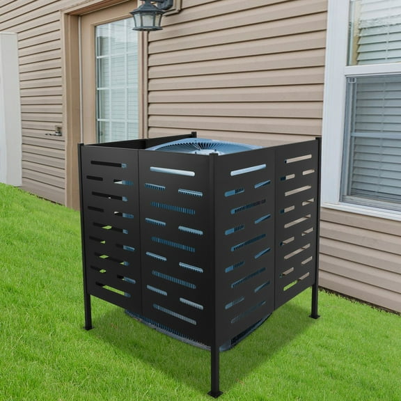 107x107x114cm Black AC Unit Fence, Outdoor Iron Enclosure for Privacy & Protection, 3 Panel Air Conditioner Guard Cover