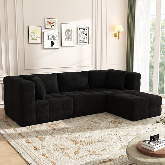 NEGYLIM 109" L-Shaped Boneless Modular Cloud Sectional Sofa with Movable Ottoman, Deep Seat, High-Resilience Foam, No Assembly Required, Teddy Fleece Upholstery, Black