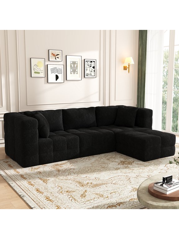 109" L-Shaped Boneless Modular Cloud Sectional Sofa with Movable Ottoman, Deep Seat, High-Resilience Foam, No Assembly Required, Teddy Fleece Upholstery, Black