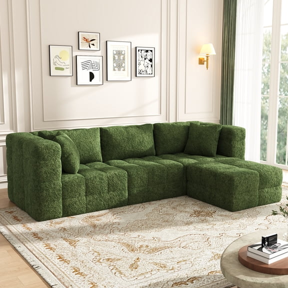 NEGYLIM 109" L-Shaped Boneless Modular Cloud Sectional Sofa with Movable Ottoman, Deep Seat, High-Resilience Foam, No Assembly Required, Teddy Fleece Upholstery, Moss Green