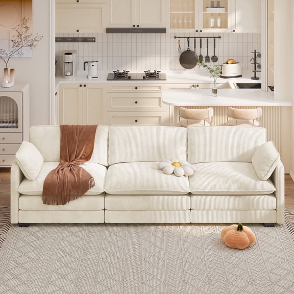 3 Seater Sectional Couches for Living Room Noelse Cloud Sectional Sleeper Sofa with Double Layer Upholstered Seat Cushion Corduroy Deep Seat Sofa Couches for Living Room Bedroom and Apartment, Beige