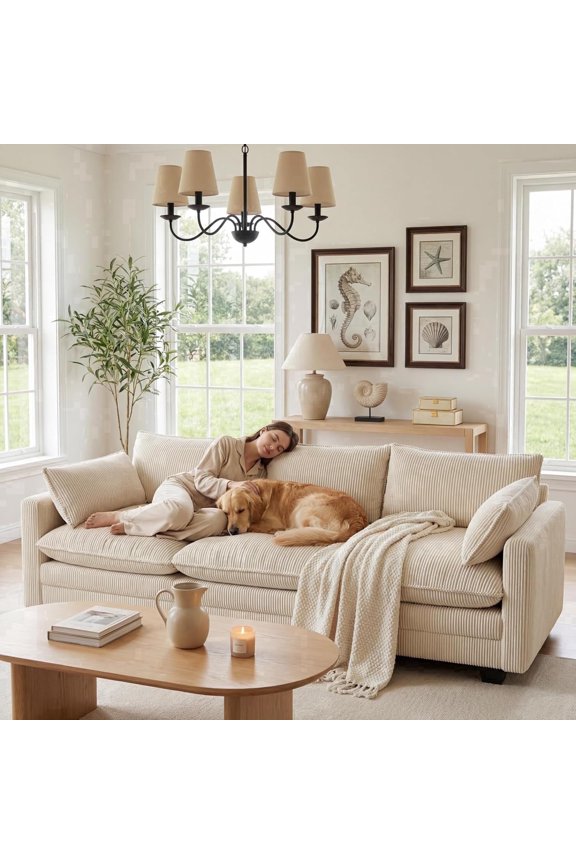 110" Cloud Couches for Living Room, Noelse 3 Seater Cloud Sofa with Double Layer Cushion and Deep Seat, Cream Couch with Washable Cover, Corduroy Fabric, Beige