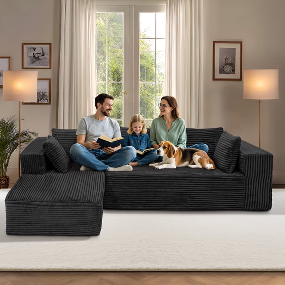 108.5” Modular Cloud Sectional Sofa with L Shape Chaise, Oversized Boneless Deep Seat Couch with Corduroy Fabric, No Assembly Required Living Room Sofa, Black