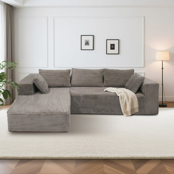 108.5” Oversized Boneless Deep Seat Couch with Corduroy Fabric, Modular Cloud Sectional Sofa Couches for Living Room, No Assembly Required Faux Fur Sofa, Gray