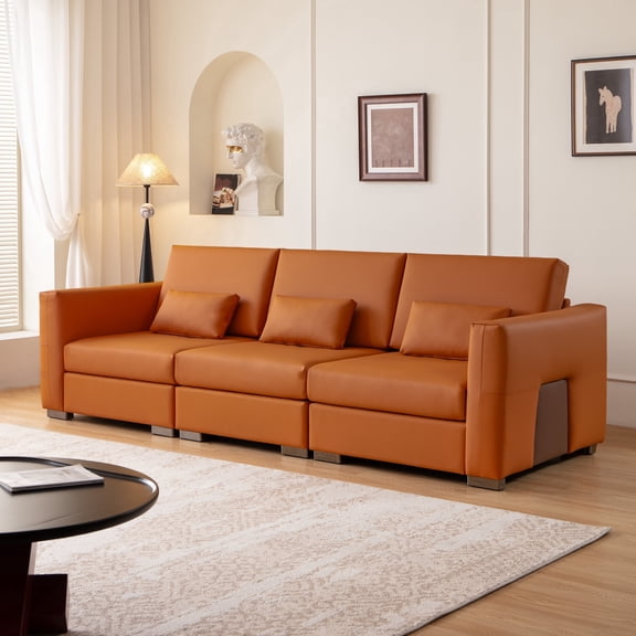 108.7"W Orange Leather Sofa with 2 Pillows, Modern Deep Seat Modular Comfy Couch with Upholstered and Removable Cover for Home and Office