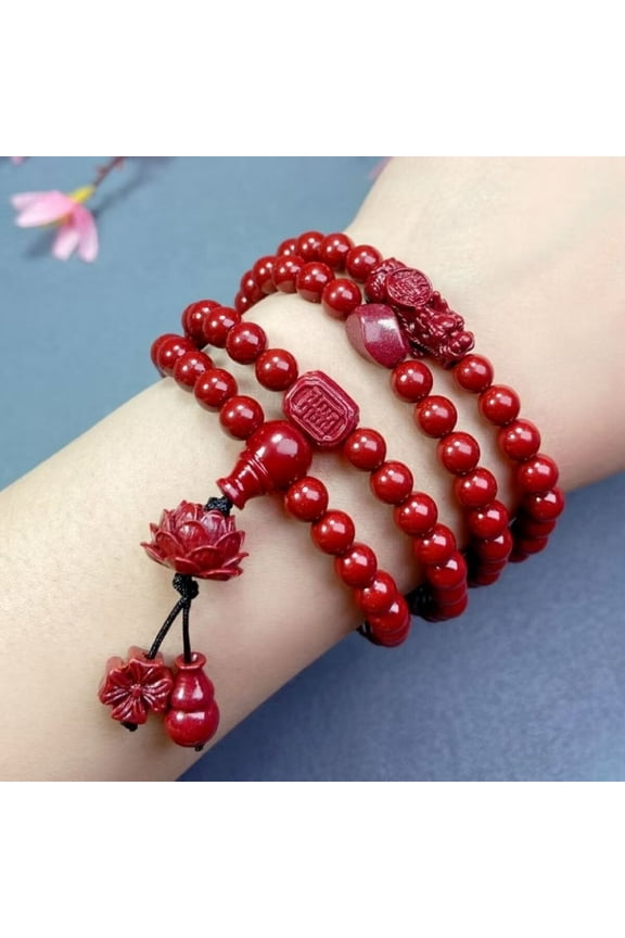 108 Beads Natural Cinnabar Stone Unisex Boho Style Handmade Jewelry - Dual-Purpose Beaded Accessory Necklace with Pixiu Lotus Charm,Jujube Red