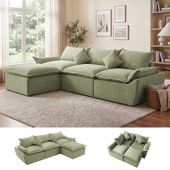 108" Boneless Sofa, 3-Seater Cloud Couch with Moveable Ottoman, L-Shaped Modular Sectional Sofa, Deep Seat Comfy Couches for Living Room , No Assembly Required, Green