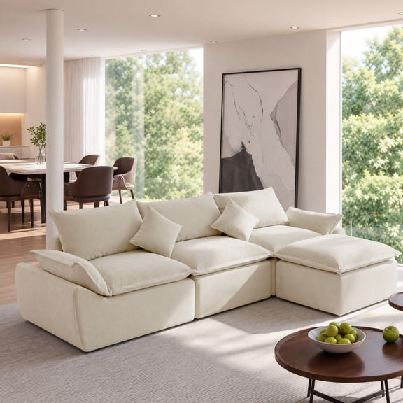108" Boneless Sofa, 3-Seater Cloud Couch with Moveable Ottoman, L-Shaped Modular Sectional Sofa, Deep Seat Comfy Couches for Living Room , No Assembly Required, White