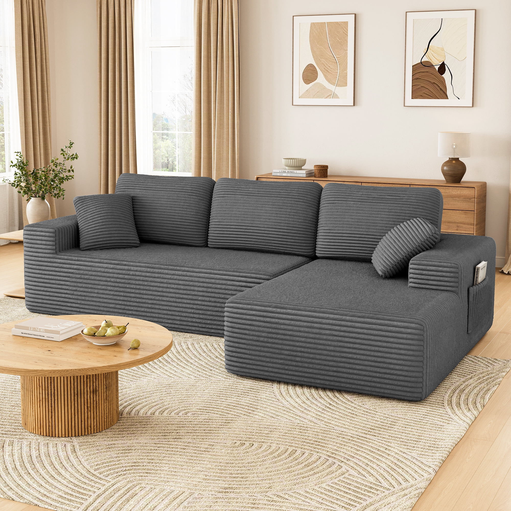 108 inch Boneless Sofa Couch for Living Room, Neche L-Shaped Corduroy Sectional, Gray-Left