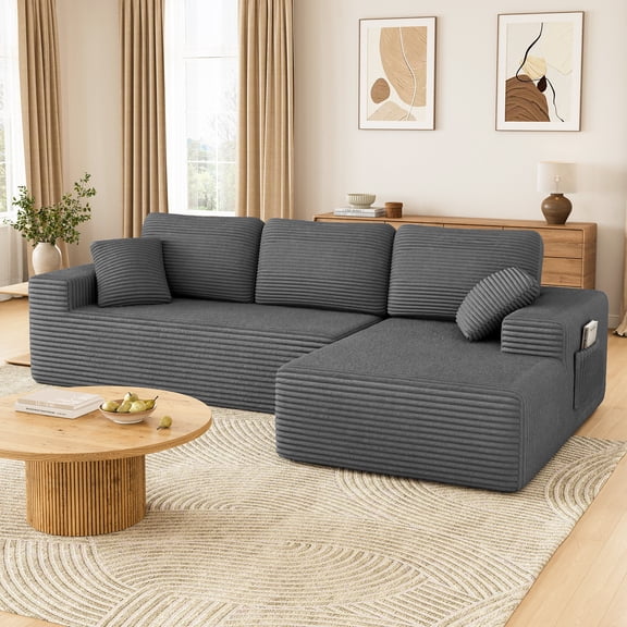 108" Boneless Sofa for Living Room, Neche Modern L-Shaped Corduroy Sectional, Modular Cloud Couch with Deep Seating Upholstered Sofa, Oversized,No Assembly, Gray