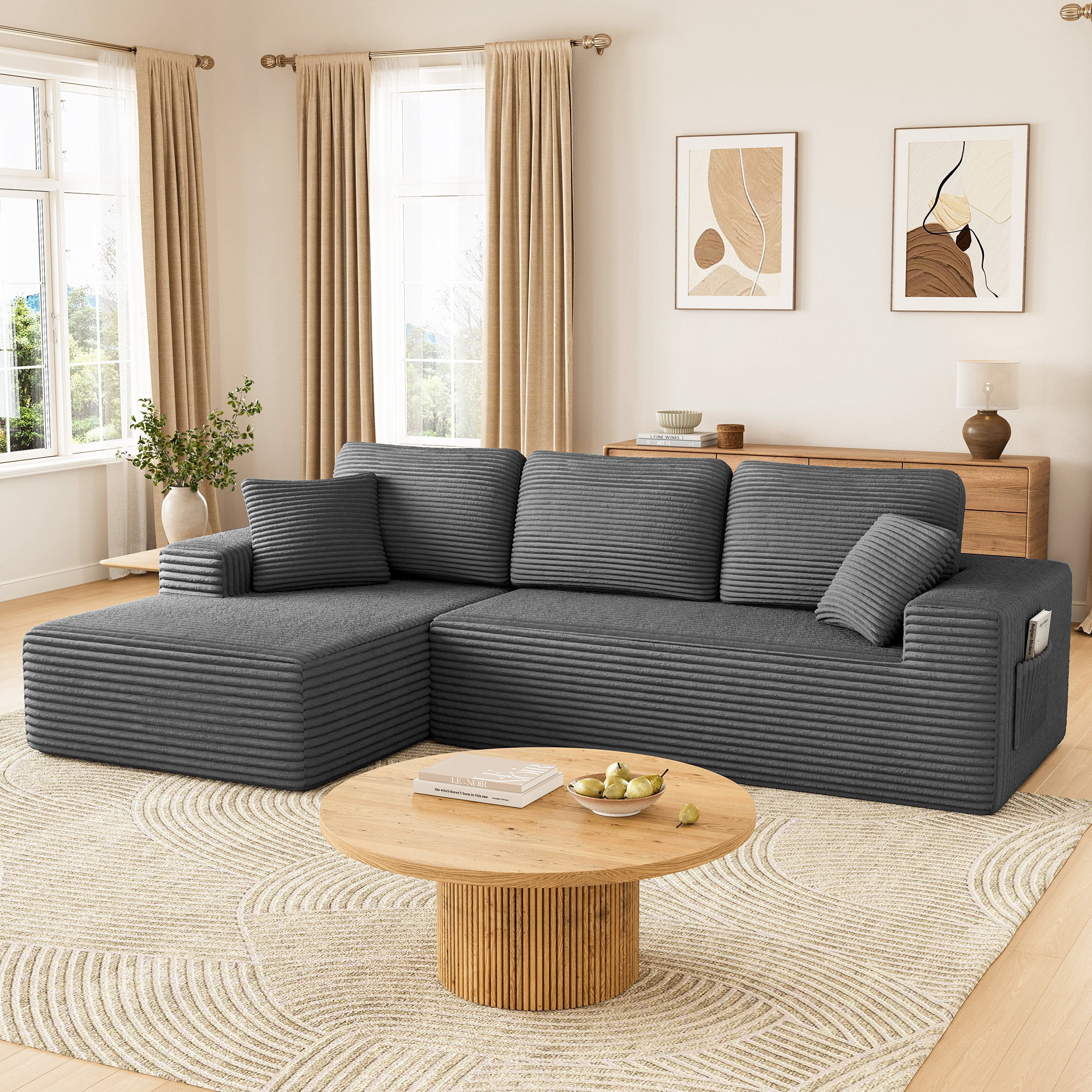 108" Boneless Sofa for Living Room, Neche Modern L-Shaped Corduroy Sectional, Modular Cloud Couch with Deep Seating Upholstered Sofa, Oversized,No Assembly, Gray