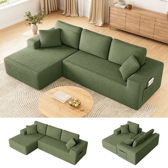 108" Boneless Sofa for Living Room, Neche Modern L-Shaped Corduroy Sectional, Modular Cloud Couch with Deep Seating Upholstered Sofa, Oversized,No Assembly,Green