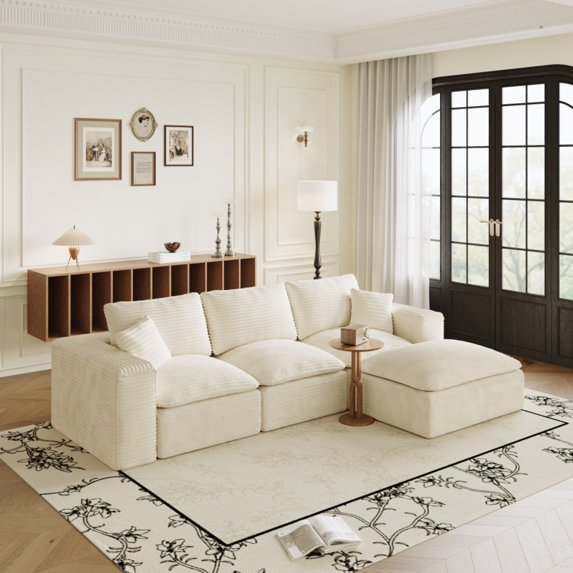108 Cloud Couch, Beige Modern Sectional Couches for Living Room, L-Shape Modular Sofa with Chaise, Deep Seat, Plush Corduroy, Left-Right Interchangeable, No Assembly
