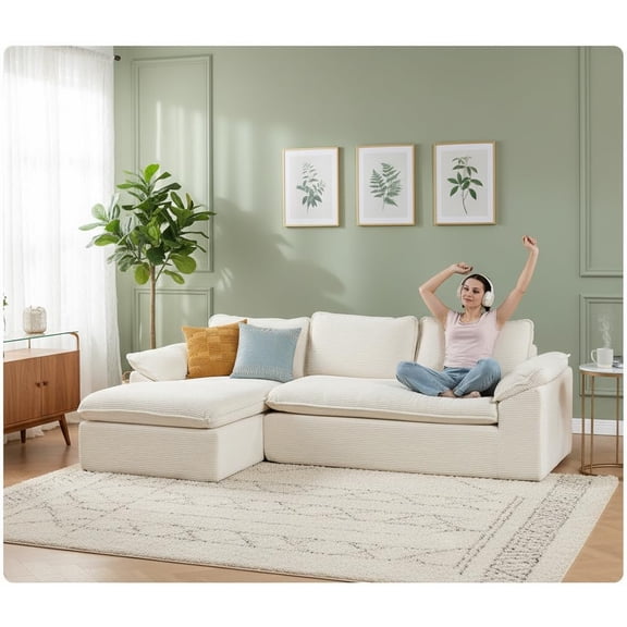 108" Cloud Couch Sectional,Corduroy Compressed Modular Sectional Sofa with Deep Seat Chaise,Boneless Couches for Living Room,L Shaped Couch,Memory Foam,No Assembly Required,Memory Foam,Beige