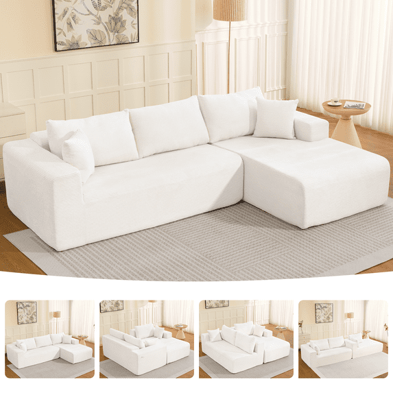 108" Cloud Couch Sectional, Deep Seating Modular Sofa with L-Shaped Chaise, Boneless Upholstered Corduroy Sectional for Living Room or Apartment, No Assembly Required (Beige, Right Facing Chaise)