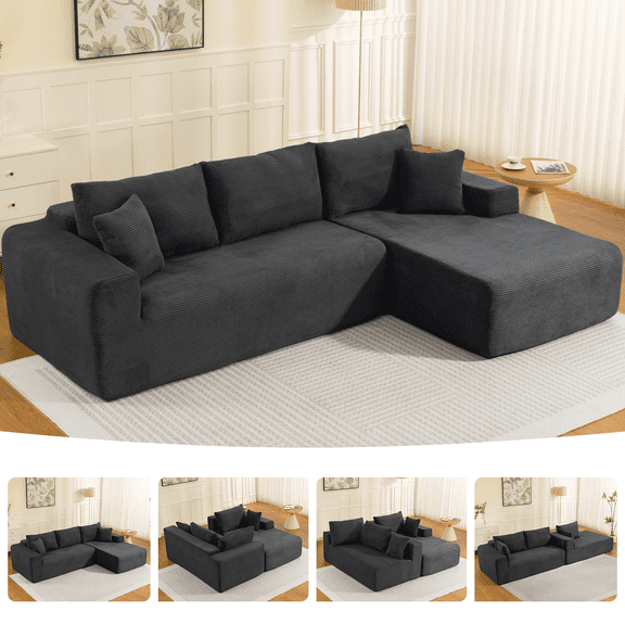 108" Cloud Couch Sectional, Deep Seating Modular Sofa with L-Shaped Chaise, Boneless Upholstered Corduroy Sectional for Living Room or Apartment, No Assembly Required (Grey, Right Facing Chaise)