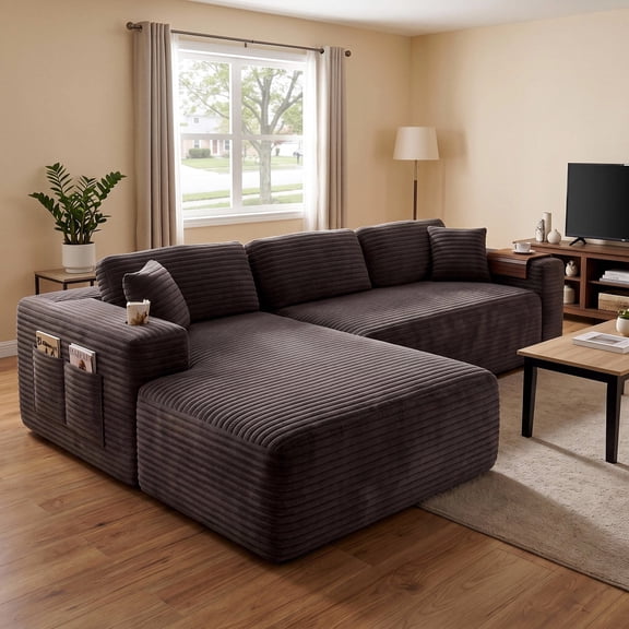 Amsleekey 108" Oversized Modular Sectional Sofa, L-Shape Corduroy Cloud Couch, Modern Sleeper Couches for Living Room with 4 Storage Pockets & Tray, No Assembly Required, Grey (Left Facing Chaise)