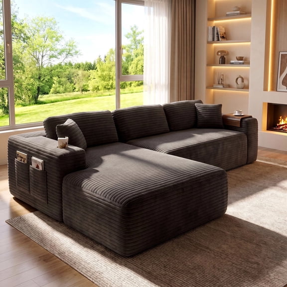 Amsleekey 108" Modular Sectional Sofa with Left-Facing Chaise, L-Shape Corduroy Cloud Couch for Living Room, Comfy Sleeper Sofa with 4 Storage Pockets & Tray, Grey