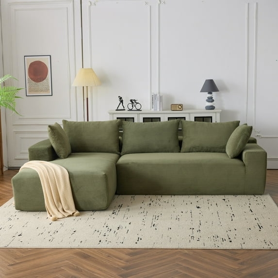108" Cloud Sectional Couch with Chaise Longue, Modern L Shaped Modular Sofa with Deep Seat, Comfy Corduroy Fluffy Couch with Wide Armrest, No Assembly Required Couch for Living Room, Green