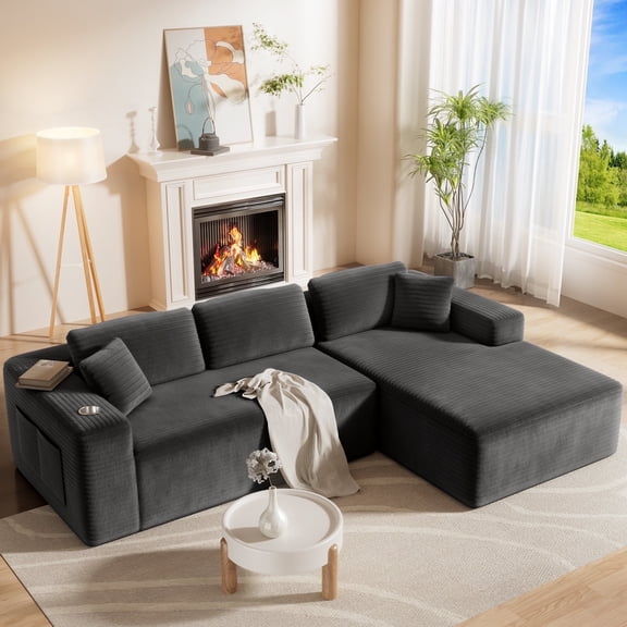 Amsleekey 108" Modular Sectional Sofa with Right-Facing Chaise, L-Shape Corduroy Cloud Couch for Living Room, Comfy Sleeper Sofa with 4 Storage Pockets & Tray, Grey