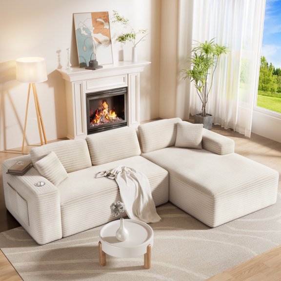 Amsleekey 108" Modular Sectional Sofa with Right-Facing Chaise, L-Shape Corduroy Cloud Couch for Living Room, Comfy Sleeper Sofa with 4 Storage Pockets & Tray, Beige