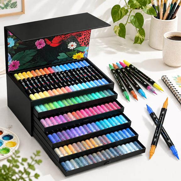 108 Color Dual Tip Water-Based Art Markers with 6-Layer Drawer Storage Case