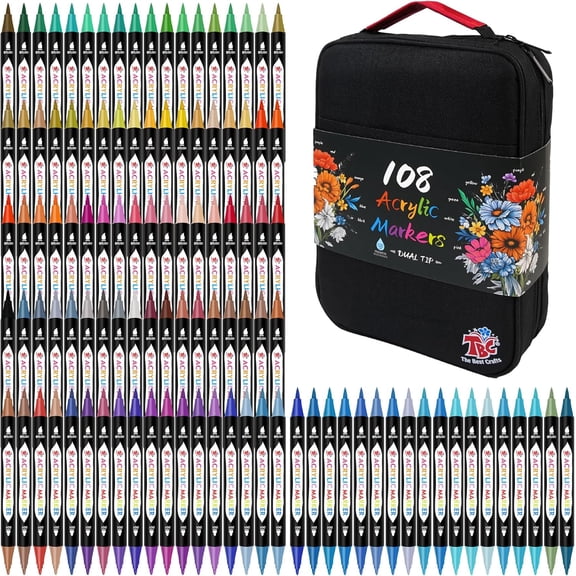 108 Colors Dual Tip Acrylic Paint Markers, Double zipper design Topgrade Canvas bag,Waterproof, Non-Toxic, odorless, Suitable for Paper,Pottery, Stones, Glass,outdoor painting