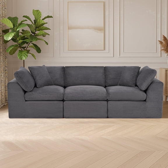 108'' Corduroy Sectional Sofa, Modern Boneless Cloud Couch with Deep Seat, 3-Seater Modular Sofa for Living Room, No Assembly Required, Dark Gray