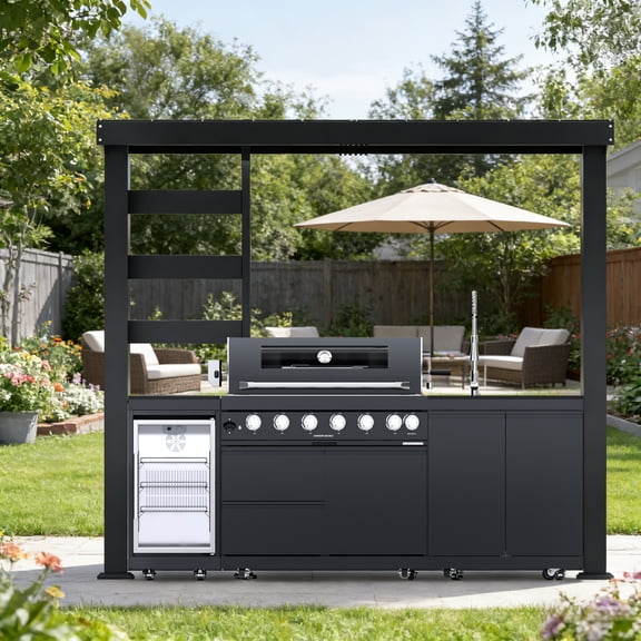 108" Deluxe 304 Stainless Steel Outdoor Kitchen Island: 6-Burner 85,000 BTU Propane Gas BBQ Grill with All-Weather Steel Roof, Wine Cooler Refrigerator, Rotisserie, Black Granite Countertops, Black