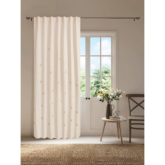 Bedding Craft Natural Flax Linen Curtain Panel – Dragonfly Print, Room Darkening Taupe Window Drape, 50"x108"