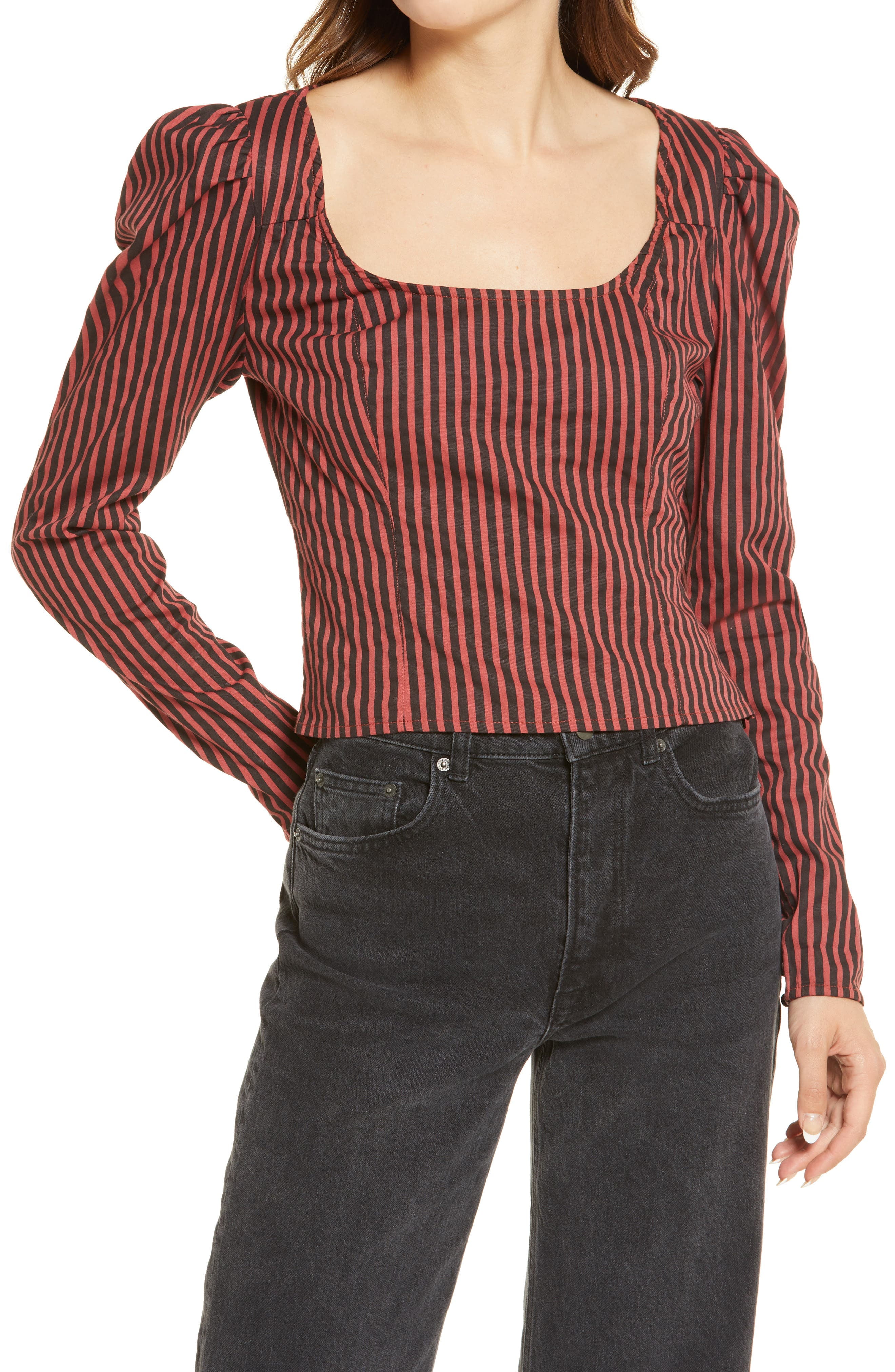 $108 Free People Caroline Stripe U-Neck Top in Vintage Combo Size Large 